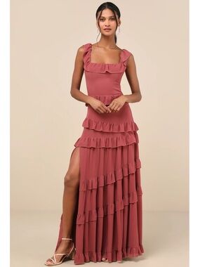 Lulus Compelling Romantic Rusty Rose Ruffled Tiered Chiffon Maxi Dress NWT Large